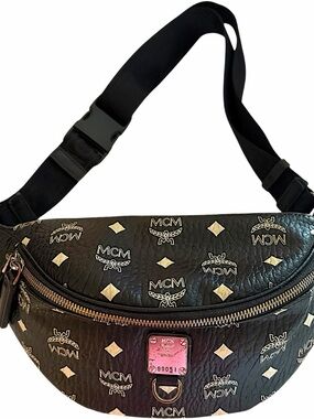 MCM Black with Gold Logo Visetos Belt Bag